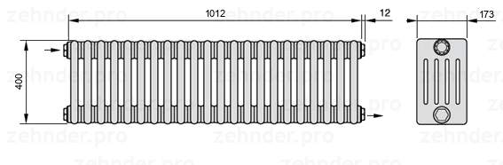 Схема (чертеж) Радиатор Zehnder Charleston 5040/22 №1670 Белый глянцевый RAL 9016